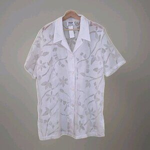 Cover Me Swim Cover Up 12 (10-12) White SS Buttons Floral Sheer Side Slits Beach